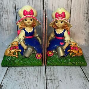 Vintage MCM Earl Bernard Japan Bookends Girl Cat Watering Can Pink Blue